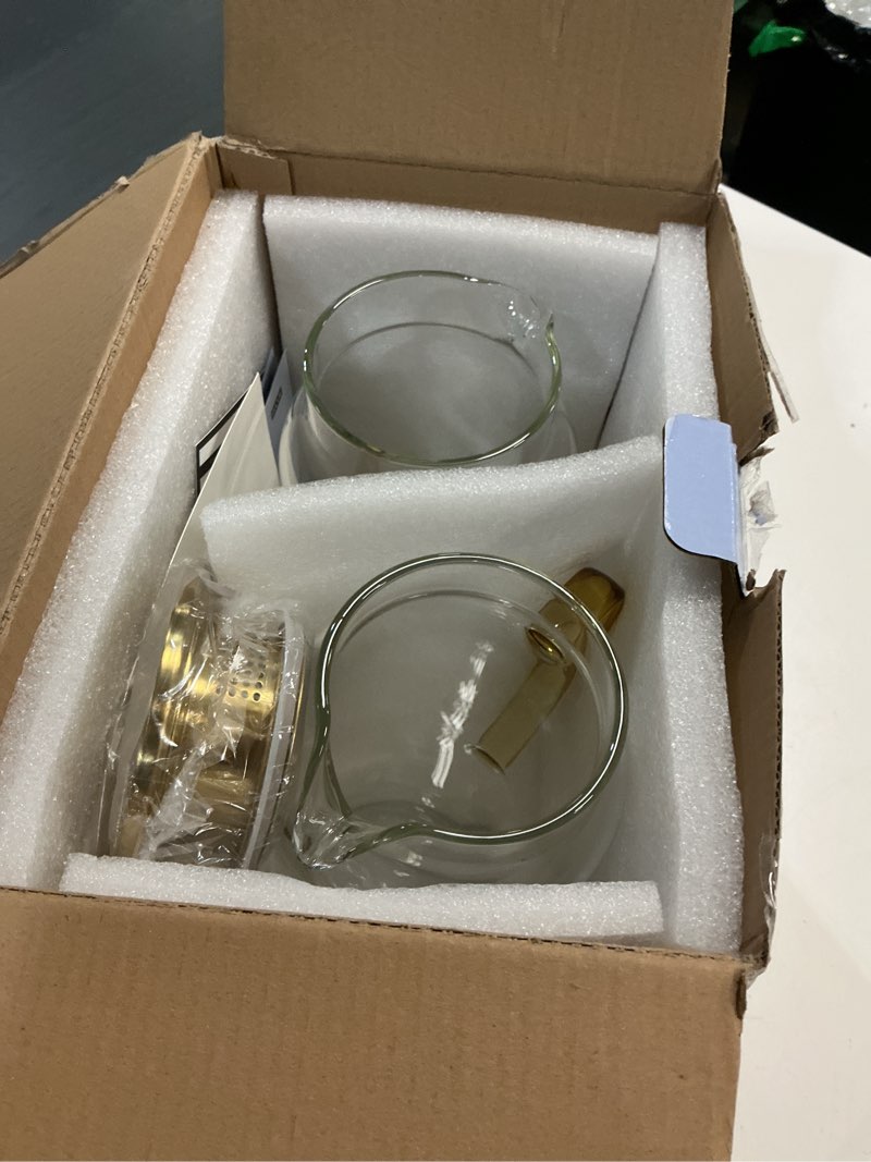 Condition photo showing New/Like New for 2 pack 2 liter/68 oz glass pitcher with lid, water pitchers with handle for fridge, large jug for iced tea, coffee, borosilicate glass carafe for hot/cold brew drink and homemade beverage, gold