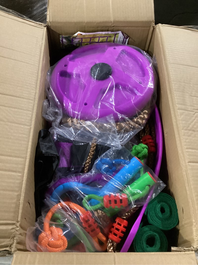 Condition photo showing Good Condition for ninja warrior obstacle course for kids,2x56ft slackline with 12 accessories,saucer swing with 360 degree rotating wheel,ninja course for kids outside(ab010001-3) purple 2x56ft with 12 accessories