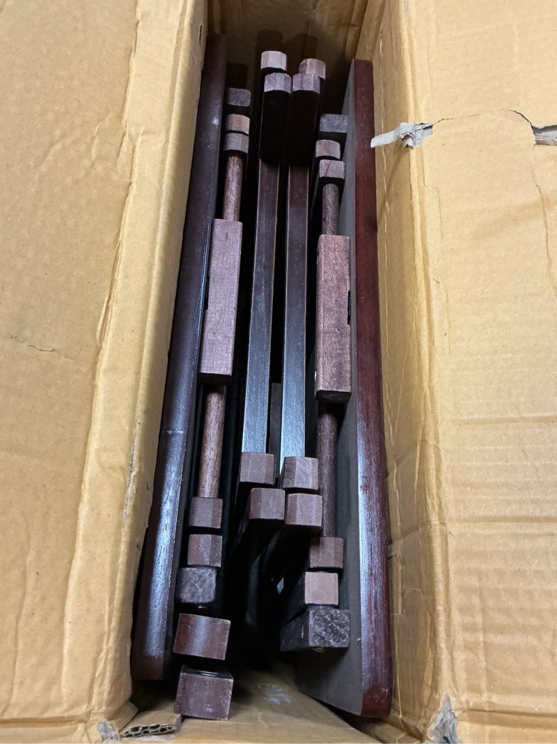 Condition photo showing As Is for Amazon Basics Classic Foldable TV Dinner Tray Table with Storage Rack, 14.6 L x 19 W x 26 H inch, Espresso, 4-Pack Espresso 4 Pack