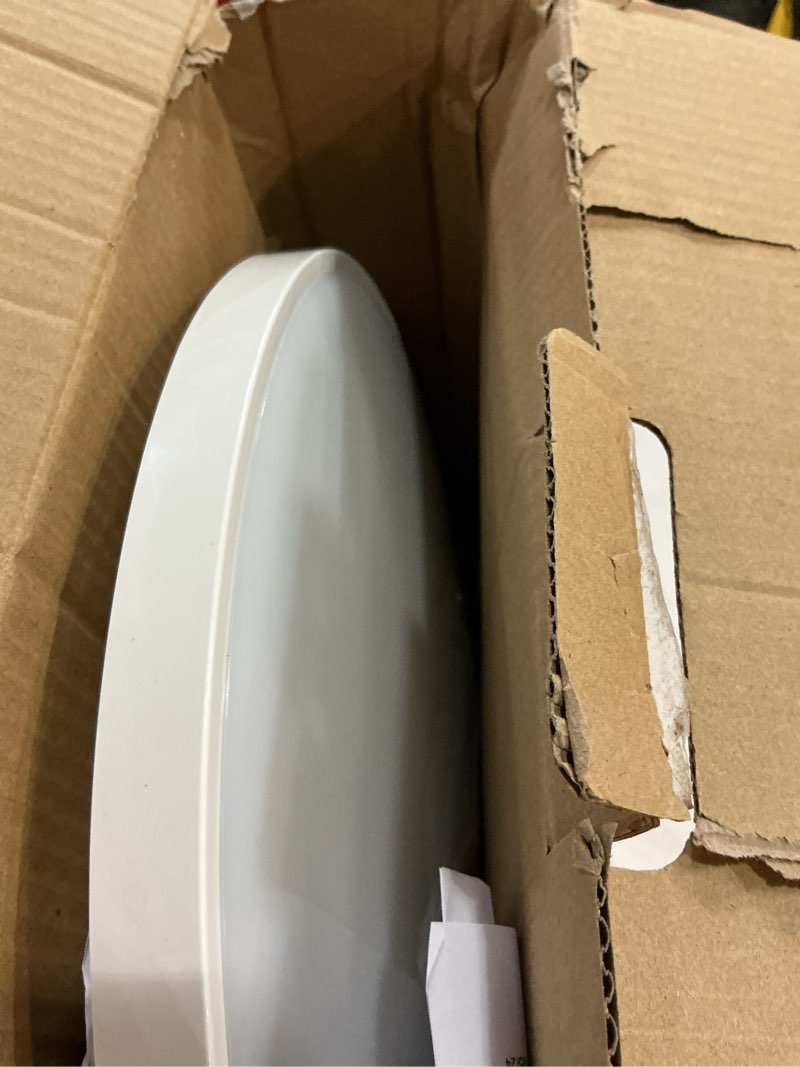 Condition photo showing As Is for lithonia lighting fmlrl 20840 m4 4000k 14-inch dimmable round led flush mount, 1600 lumens, 120 volts, 24 watts, damp listed, white