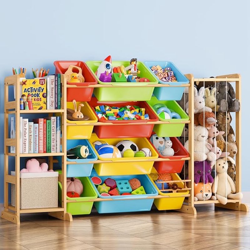 toy storage organizer with bookshelf and stuffed animal storage - playroom organization with shelves and 12 bins - living room box for lego - bedroom decor essentials multi-colors 67\"w,3 shelves,16 bins