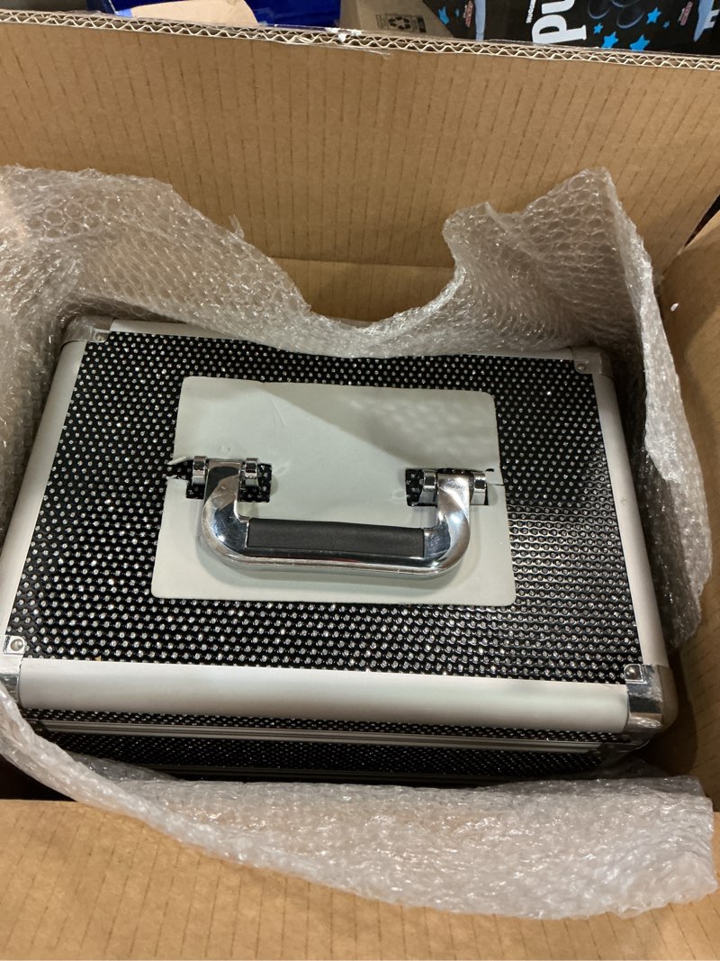 Condition photo showing New/Like New for professional rolling makeup case with wheels, 5-in-1 makeup train case, cosmetic makeup trolley cart travel cosmetology case on wheels with key for hairstylists, nail tech(black crystal)