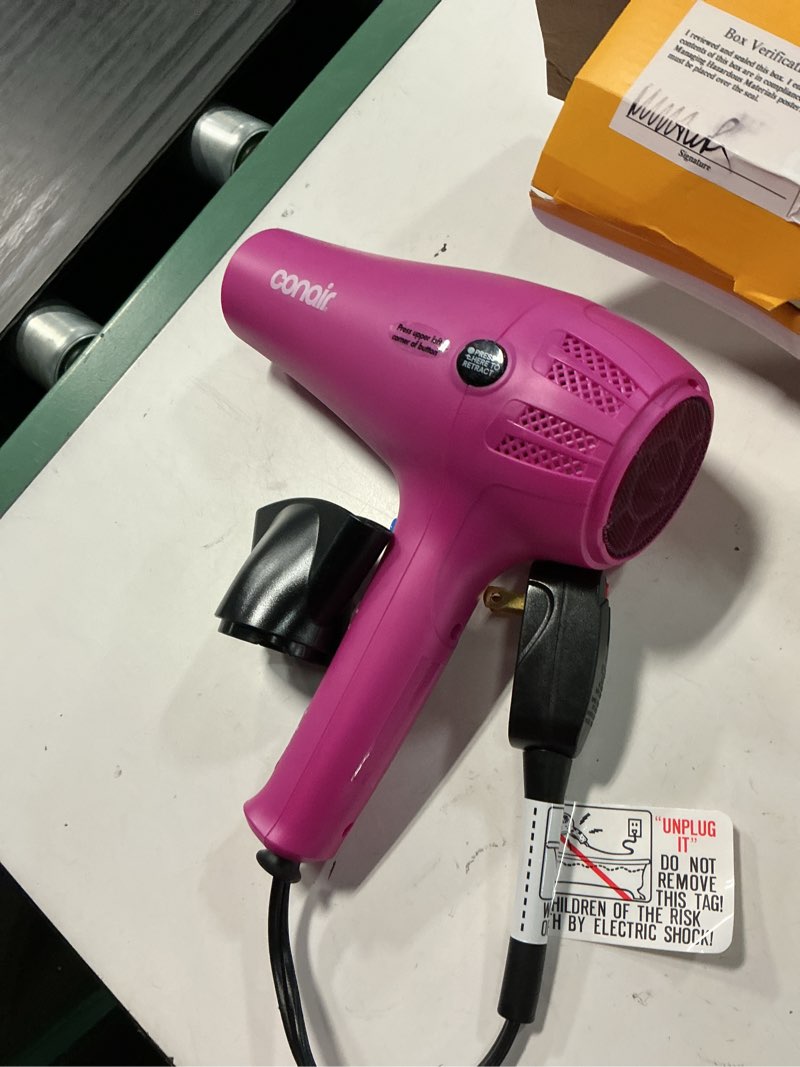 Condition photo showing As Is for conair cord-keeper travel size ionic & ceramic hair dryer  1875 watts  pink 209tpn