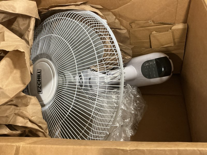 Condition photo showing As Is for ( missing control) EZ-CHILL 16\" Oscillating Wall Mount Fan with Remote Control, Timer, Auto Shut Off, Adjustable Tilt, Quiet, 3 Speed, Ideal for Home, Bedroom, Gym & Office, White