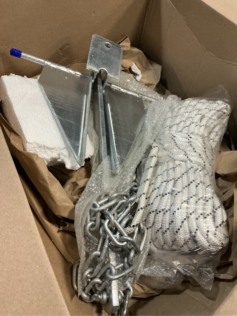 Condition photo showing Good Condition for 5/8/10/13 lb galvanized danforth anchor, includes 98 ft rope, 8 ft chain and fluke anchor kit, boat anchor kit for 8-32 ft pontoon dinghy fishing bass jon small sailboats and inflatable boats 10lb