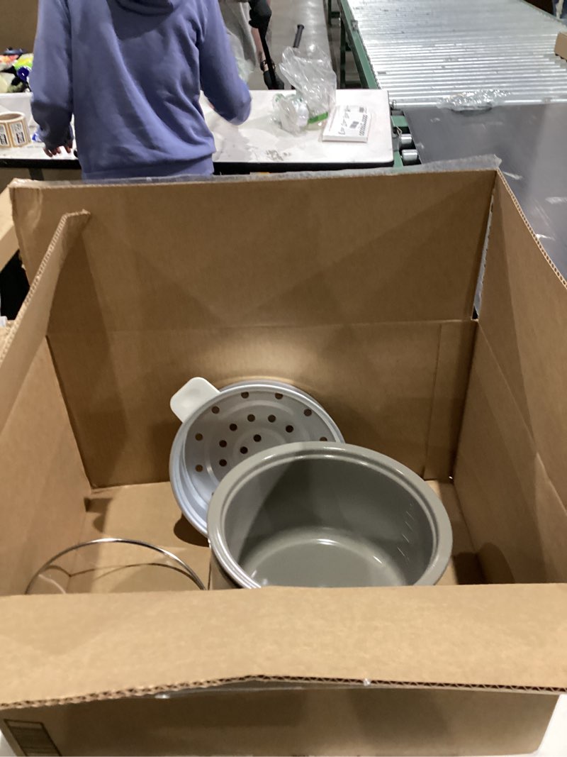 Condition photo showing As Is for bella 16 Cup Rice Cooker with Steamer, Dishwasher Safe Steaming Basket, Rice Paddle and Measuring Cup, Removable Nonstick Cooking Bowl, Automatic Keep Warm Function?, 400 Watt, Oatmilk