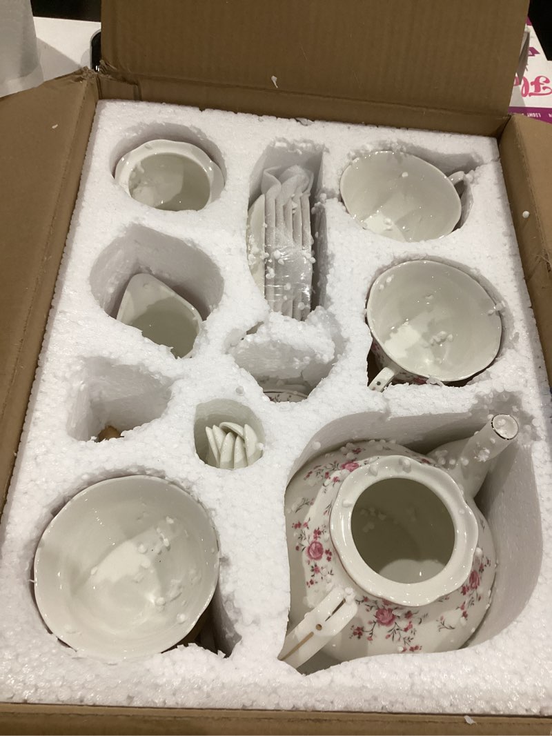 Condition photo showing Good Condition for ((Similar color pink))fanquare  Flowers Porcelain Tea Set, Tea Cup and Saucer Set Service for 6, Wedding Tea Set with Sugar Bowl Cream Pitcher, Floral Coffee Set for Tea Party