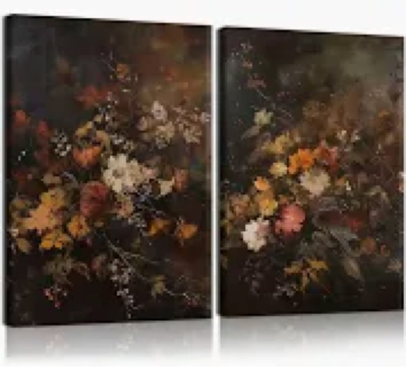 2pcs Vintage Dark Floral Canvas Wall Art Moody Autumn Floral Wall Decor Pictures Country Flowers Pos