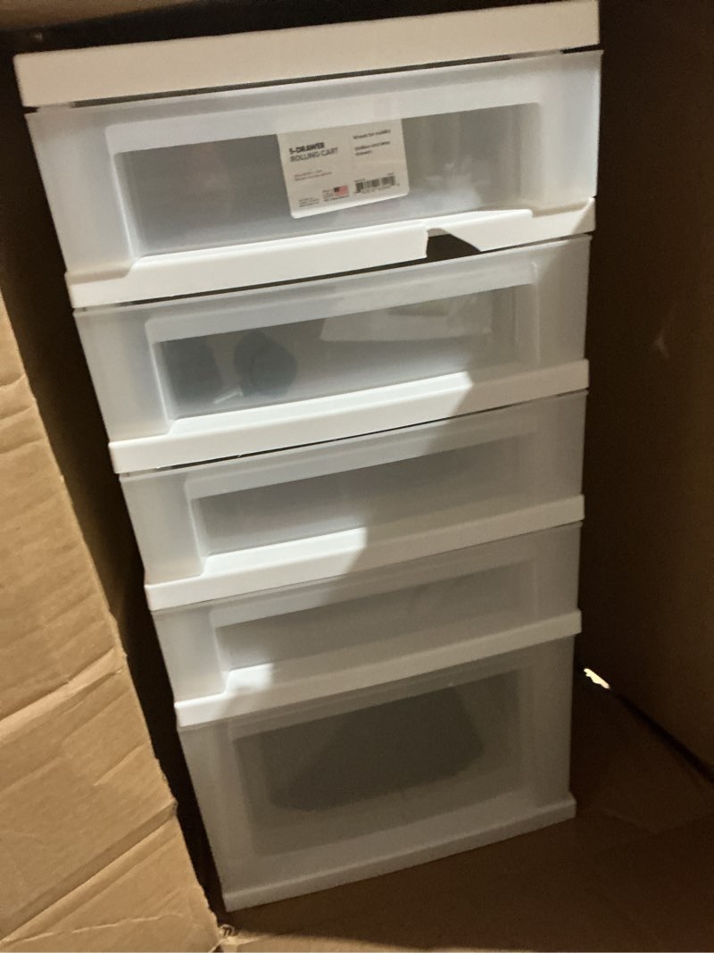 Condition photo showing As Is for iris usa plastic drawer storage organizer rolling cart, with wheels casters, 5-drawers, for classroom art craft supplies dresser closet bathroom laundry room, flat smooth top, white/clear