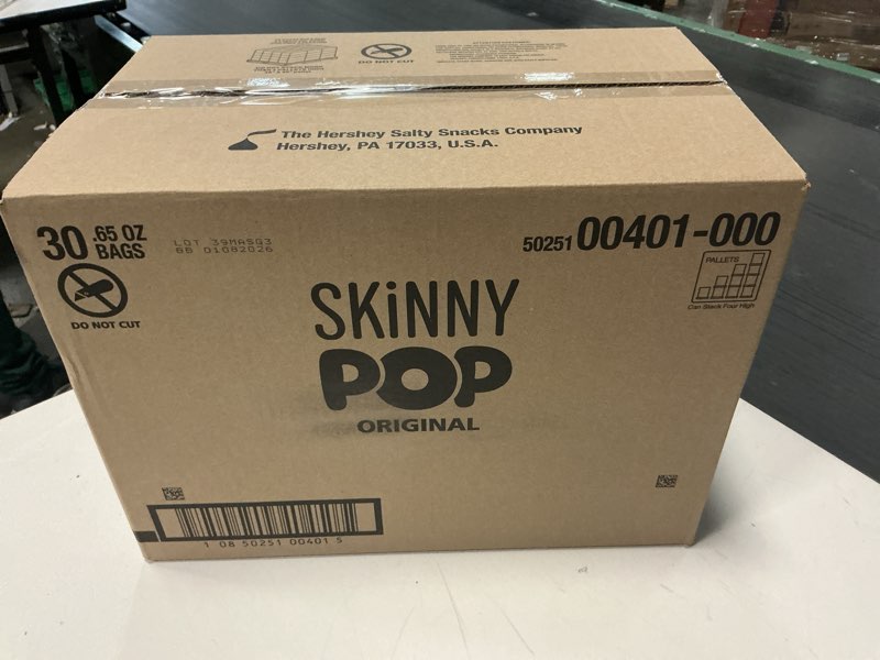 Condition photo showing As Is for SkinnyPop Popcorn, Original, Whole Grain, Dairy-Free Snack, 0.65oz Bags (30ct) Original 0.65 Ounce (Pack of 30) (Best By 01/08/2026)