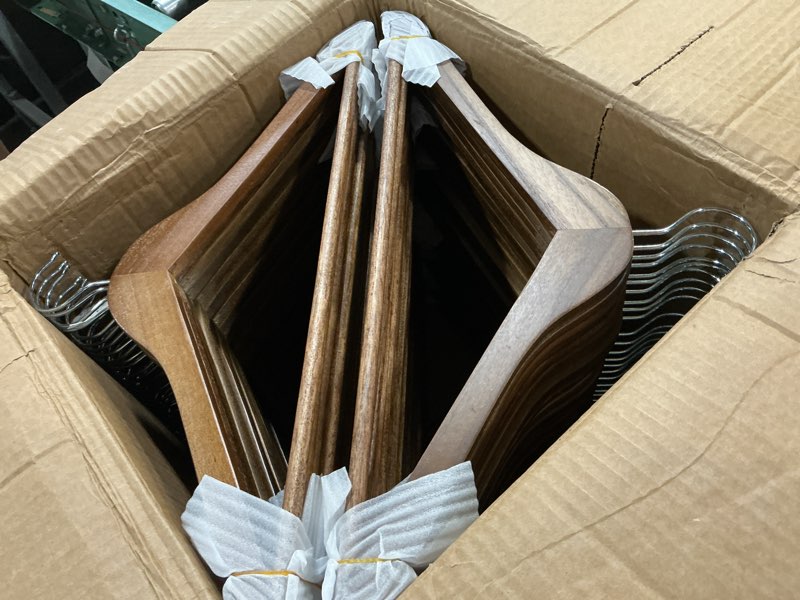 Condition photo showing New/Like New for wood hangers - 60 pack solid shirt hangers, heavy duty & slim wooden hangers, for suit, coat, jacket, pants (walnut) walnut 60