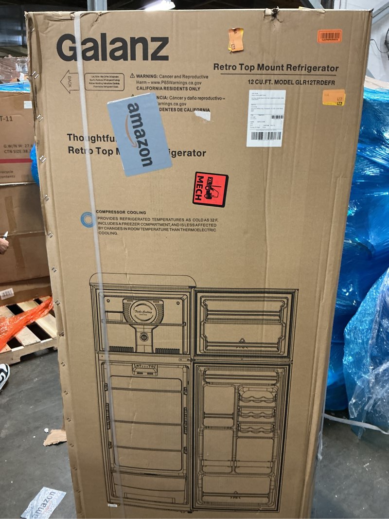Condition photo showing New/Like New for galanz glr12tbeefr refrigerator, dual door fridge, adjustable electrical thermostat control with top mount freezer compartment, retro blue, 12.0 cu ft (red)