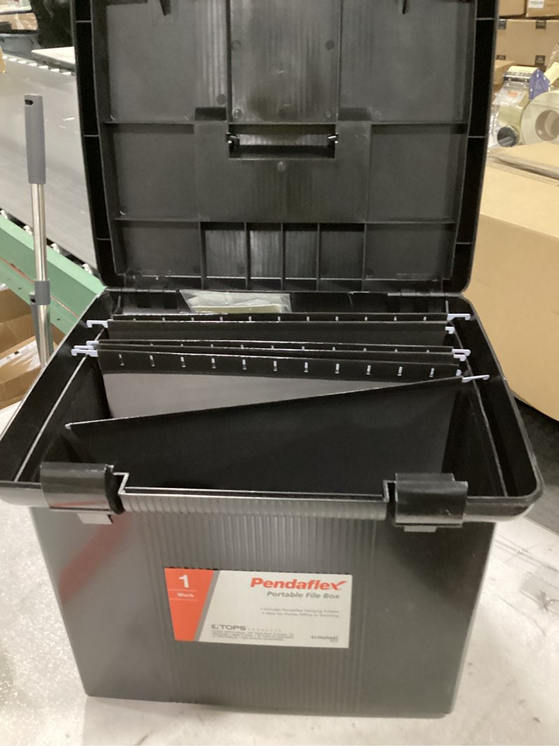 Condition photo showing Good Condition for Pendaflex Portable File Box with File Rails, Simple Document Storage, File Bin for Home and Office, Hinged Lid with Double Latch Closure, Black, 3 Black Letter Size Hanging Folders Included (41742AMZ) 22 File Folders Black