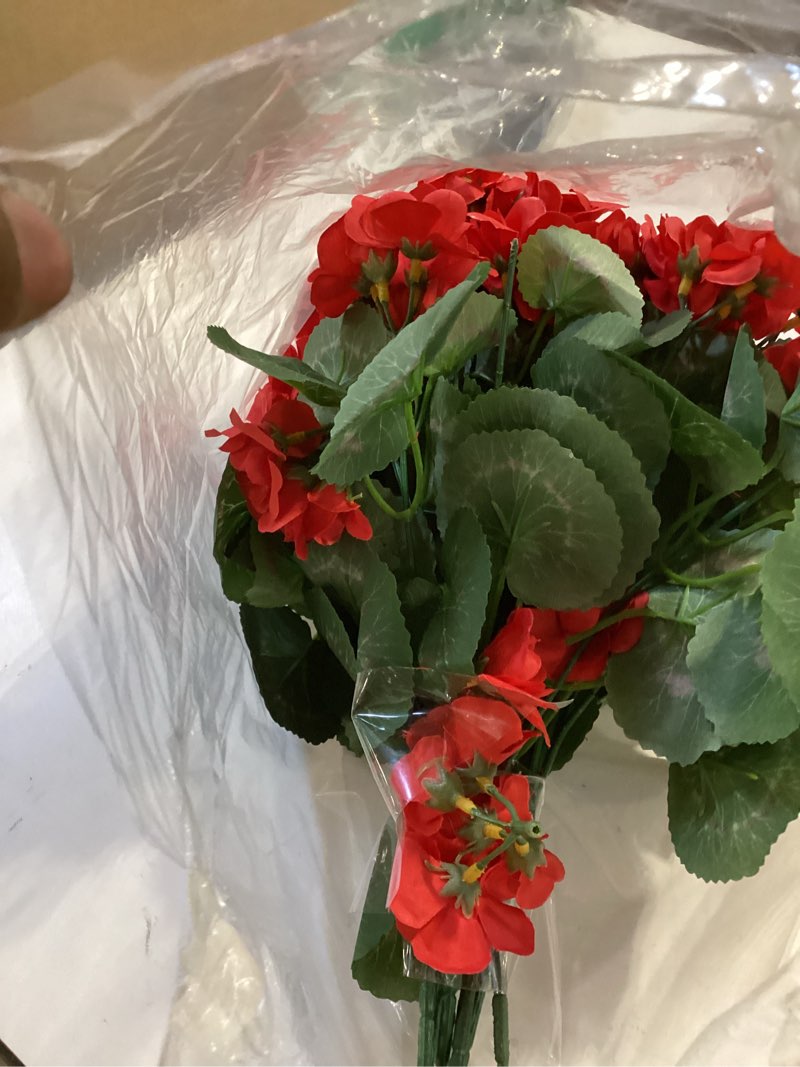 Condition photo showing Good Condition for artificial geraniums fake flowers for outdoors decoration, 6 bundles silk geraniums red flower uv resistant look real faux plants for front door garden porch planter patio balcony yard indoor home 6 red