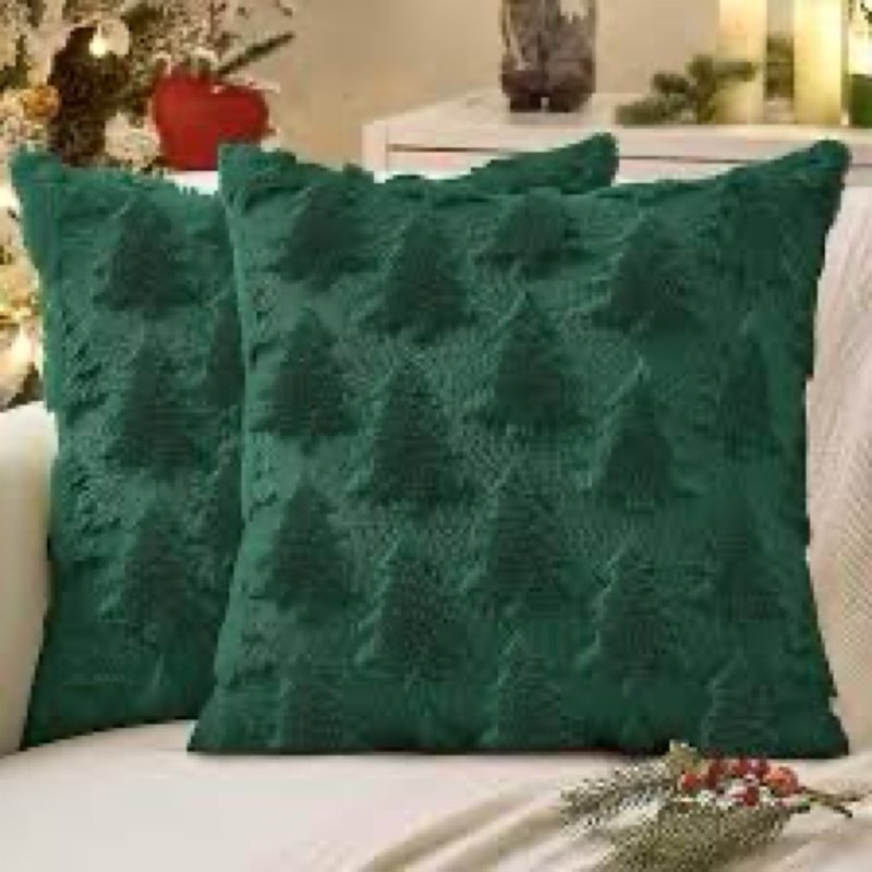 a moment Christmas Dark Green Loop Yarn Linen-Like Pillow Cover Natural Soft Decorative Throw Pillow