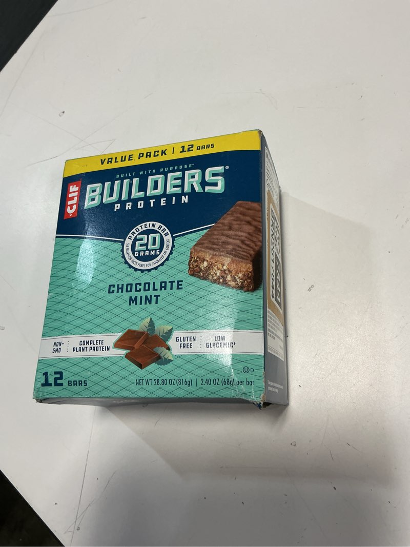 Condition photo showing New/Like New for (18-mar-2026)CLIF BUILDERS Protein Bars - Chocolate Mint Flavor - 20g Plant Based Protein - Gluten Free - Non-GMO - Low Glycemic - No Artificial Sweeteners - Value Pack, 2.4 oz. (12 Count)