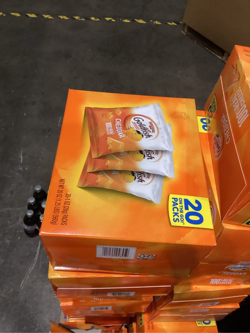 Condition photo showing As Is for Expired))))))Goldfish Cheddar Cheese Crackers  Baked Snack Crackers  1 oz on-The-Go Snack Packs  20 Count Box