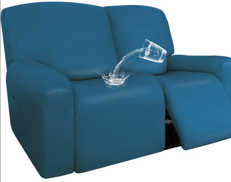 Easy-Going PU Leather Recliner Loveseat Slipcovers, Waterproof Stretch Sofa Covers, 6 Pieces Stretch Furniture Protector, Elastic Strap Shield Pets Kids Children Cats Dogs Peacock Blue Medium