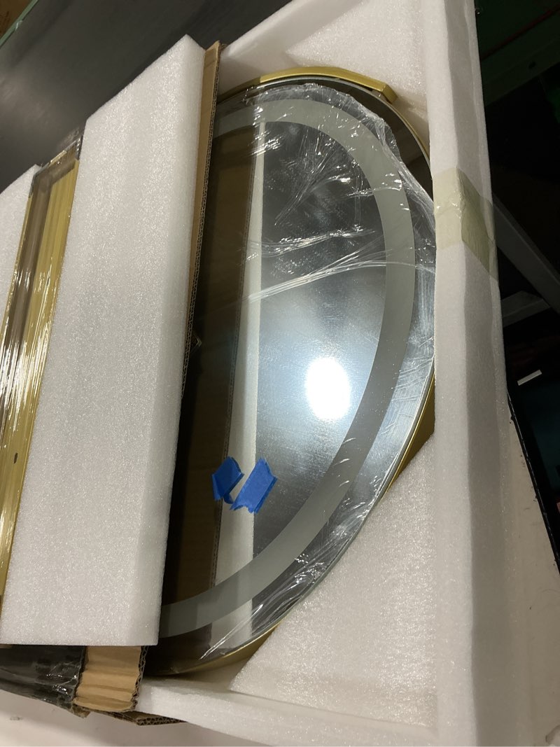 Condition photo showing As Is for 15.8-inch round makeup mirror with lights, 360° rotating led three-color lights with adjustable brightness. desktop vanity mirror (gold). golden