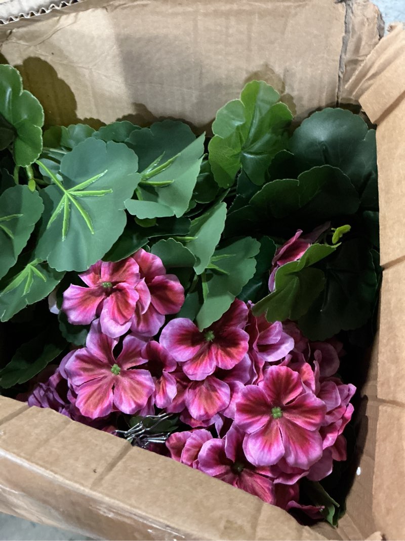 Condition photo showing Good Condition for 2pcs fake hanging plants with pink geranium flowers - 31in fake hanging plant uv resistant plastic plants for bedroom living room garden decor- including hanging planters