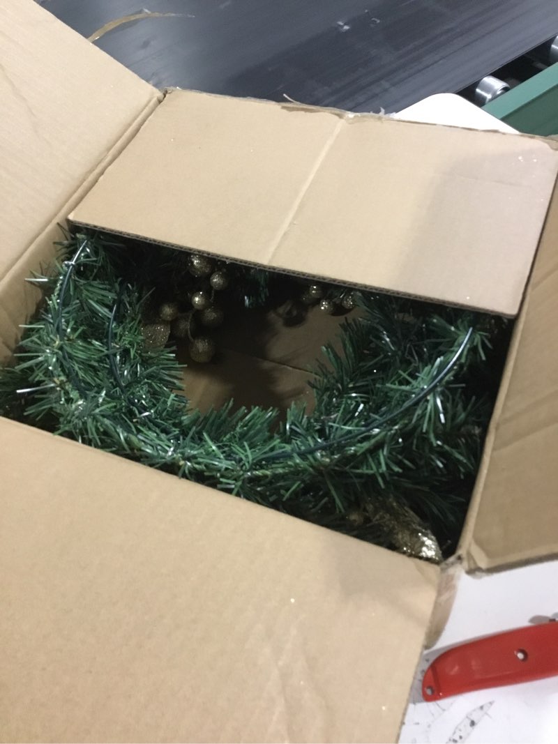 Condition photo showing Good Condition for 24 inch Pre-lit Christmas Wreath White and Blue,Winter Pine Wreaths with Blue Ball LED Lights for Front Door for Fireplace Xmas Hanukkah Decorations, Wall Window Indoor Outdoor Decor Blue-24in