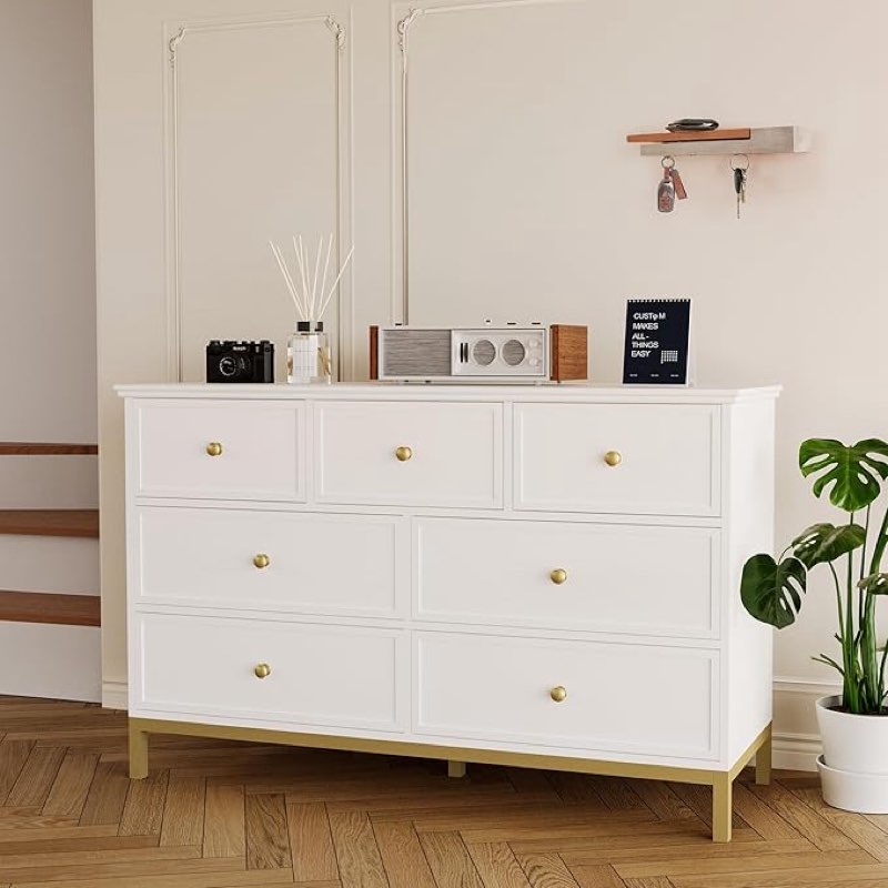 Pamapic Modern 7 Drawer White Dresser?47 “ Wood Dresser Tall Chest of Drawers? Wide Chest of Drawers with Deep Drawers & Mental Handles, Dresser for Bedroom,Living Room, Entryway, Hallway, White