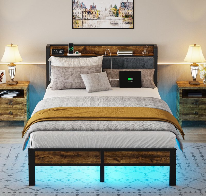 full bed frame with storage charging station headboard, smart led light, metal platform bed no box spring required, easy assembly, noise (size unknown ) (similar to the stock photo)