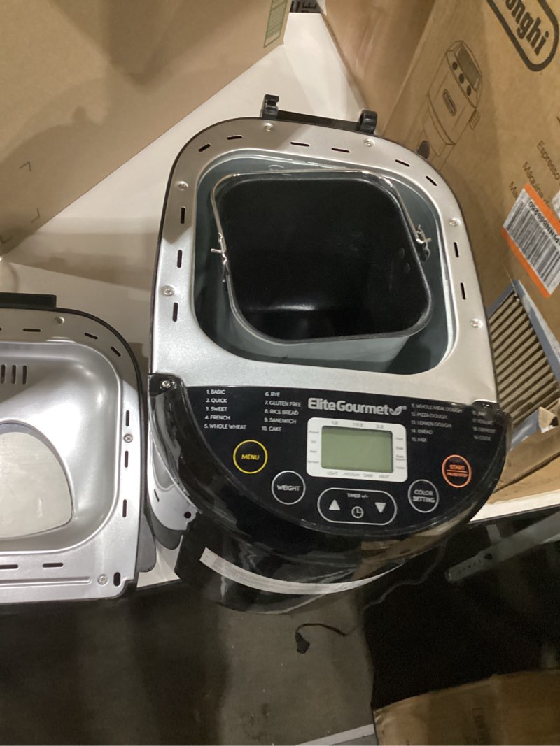 Condition photo showing As Is for elite gourmet programmable bread maker, 2 lb loaf, 3 sizes, 19 presets incl. gluten-free, dough & jam, delay timer, black