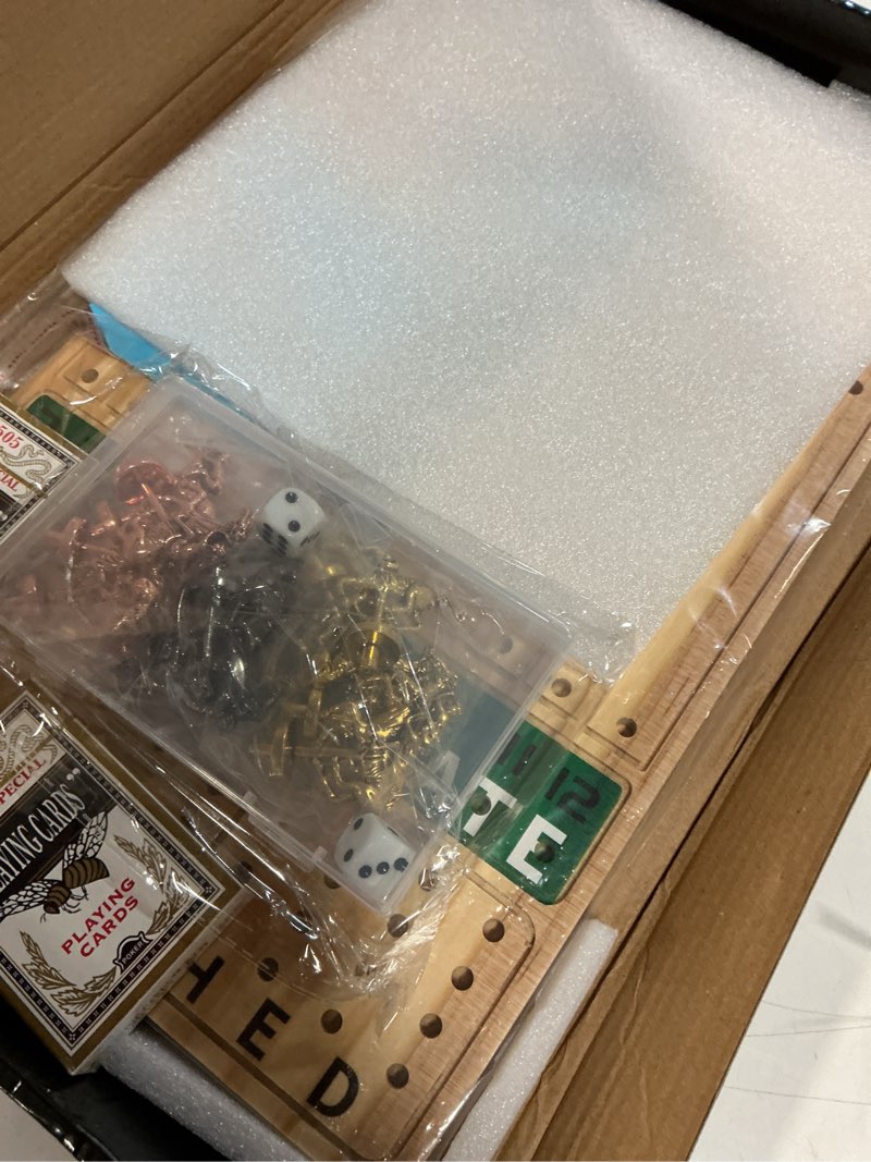 Condition photo showing New/Like New for horse race board game racing game thickened solid wood with 11 luxurious durable classic metal horses with 2 dice and 2 boxes of cards horse racing game (log color, rectangle) log 15 inch rectangle