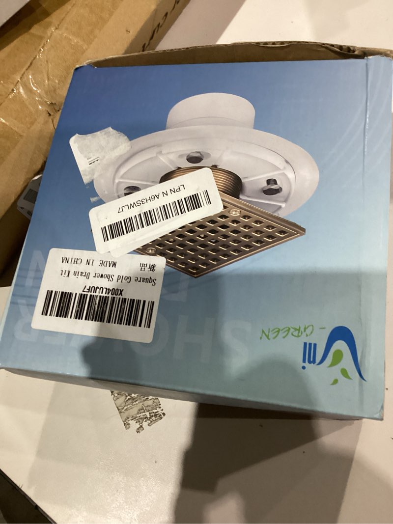 Condition photo showing As Is for 4 Inch Champagne Bronze Shower Drain- Square Shower Floor Drain Kit with ABS Flange-Removable Grid Strainer Cover - SUS304 Stainless Steel Floor Drain Kit