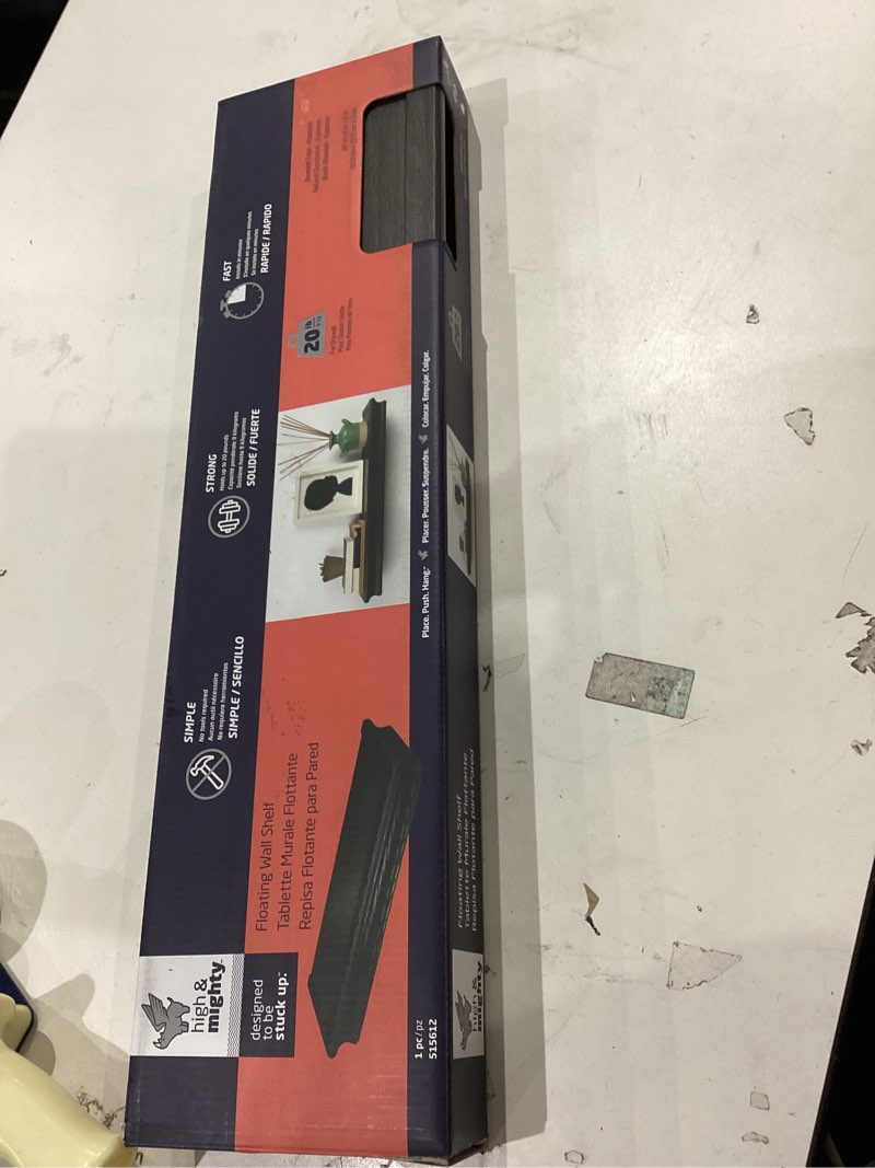 Condition photo showing New/Like New for HIGH & MIGHTY 515612 Decorative 24" Floating Shelf Holds up to 20lbs, Easy Tool-Free Dry Wall Installation, Beveled, Retail Packaging, Espresso