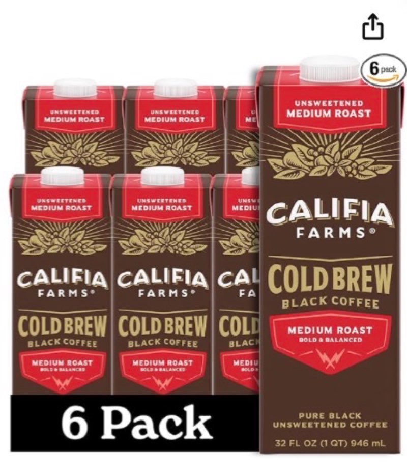 (Best by:16/NOV 2025)  Califia Farms - Pure Black Medium Roast Cold Brew Coffee, 32 Oz (Pack of 6), 100% Arabica, Shelf Stable, Plant Based, Vegan, Gluten Free, Non GMO, Sugar Free, Iced Coffee