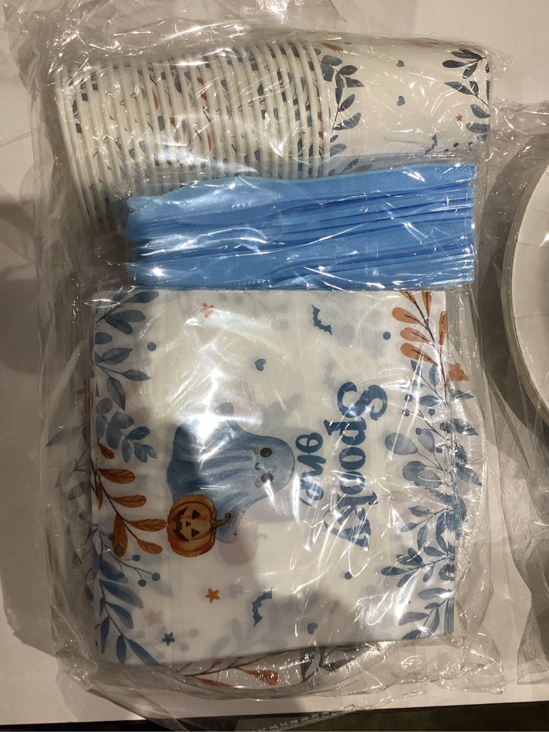 Condition photo showing New/Like New for Spooky One Birthday Decorations Boy,Halloween 1st Birthday Party Tableware Decorations Blue Halloween Cartoon Ghost Pumpkin Leaves Wreath Disposable Plates Napkins Cups Forks and Knifes,Serve 24