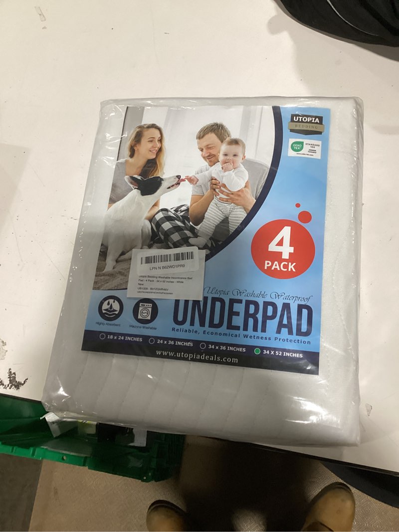 Condition photo showing New/Like New for Utopia Bedding Washable Underpads 34" x 52" (Pack of 4), Waterproof Reusable Heavy Absorbency Incontinence Bed Pads for Adults, Kids, Elderly and Pets, Bedwetting Pads for Sofa and Couch (White) 34x52 Inch (Pack of 4) White