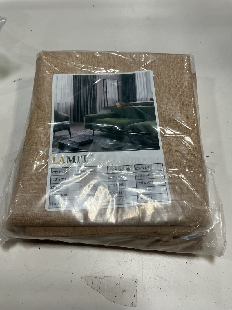 Condition photo showing New/Like New for LAMIT Natural 100% Blackout Linen Curtains, 63 Inches Linen Textured Thermal Bedroom Curtains Back Tab and Rod Pocket Burlap Panels with White Liner for Farmhouse, 2 Panels, 52 x 63 Inch, Burlap 52"W x 63"L (Pack of 2) Burlap