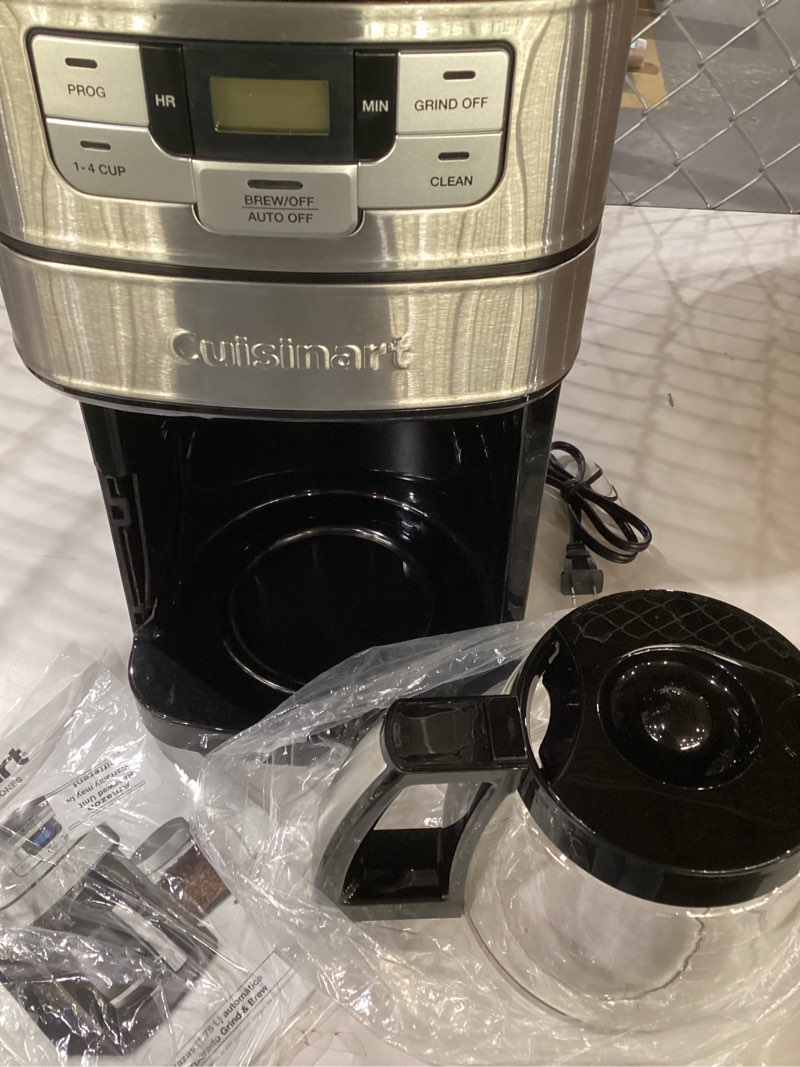 Condition photo showing As Is for Cuisinart Automatic Grind & Brew 12-Cup Coffee Maker with Blade Grinder, Programmable Coffee Machine Glass Carafe with 1-4 Cup Setting, Brew Pause, Grind-Off Option, DGB-400NAS, Black/Stainless Steel,BROKEN COFFEE POT LID