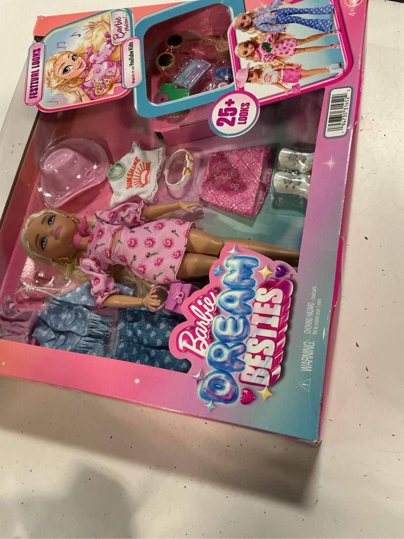 Condition photo showing New/Like New for barbie dream besties festival looks set, including barbie “malibu” doll with long, blonde stylized hair, 10+ removable fashions & accessories