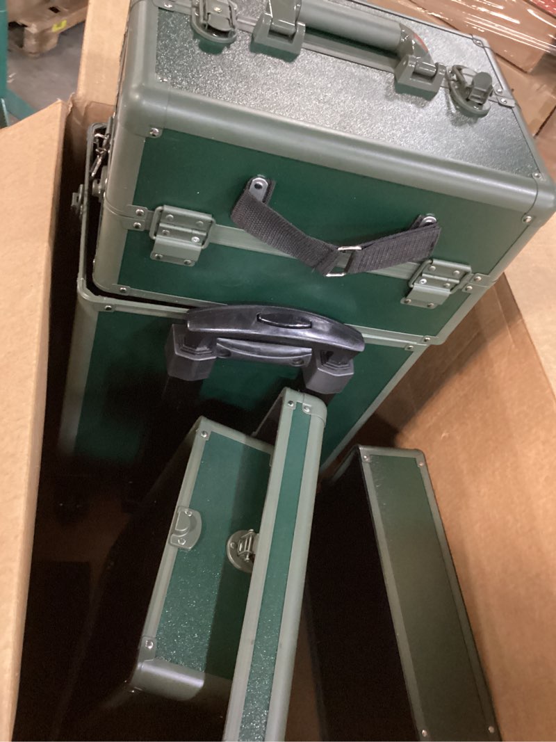 Condition photo showing Good Condition for Makeup Train Case, Rolling Makeup Case with Lid, 5 in 1 Cosmetology Case on Wheels, Christmas Gift, Large Makeup Case Organizers, Profesional Cosmetic Case for Salon Barber, Black Green Black Green 4 layers