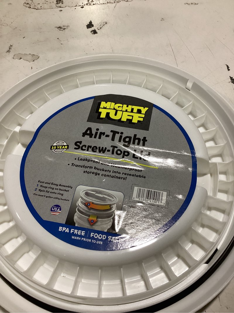 Condition photo showing As Is for united solutions 5-gallon white plastic bucket lid
