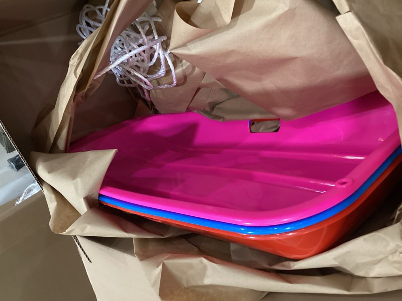 Condition photo showing Good Condition for kids plastic toboggan snow sled,durable cold-resistant flexible design, accommodate1-2 riders,with pull rope & handles for winter outdoor sports-35 inch green-pink-orange