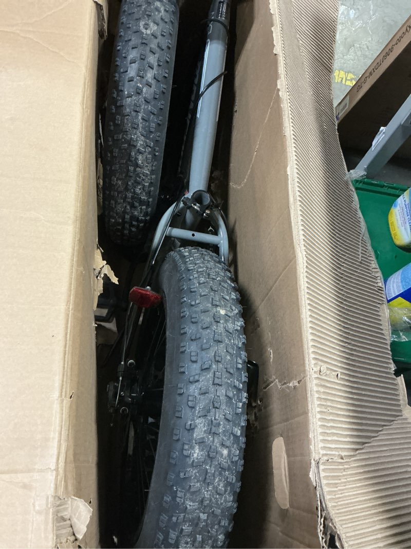 Condition photo showing As Is for mongoose argus trail or st fat tire mountain bike, 20, 24 or 26 inch bike for kids and adults, 7 or 16 speed, aluminum or steel frame, knobby mountain fat tires, mechanical disc brakes st grey 20"