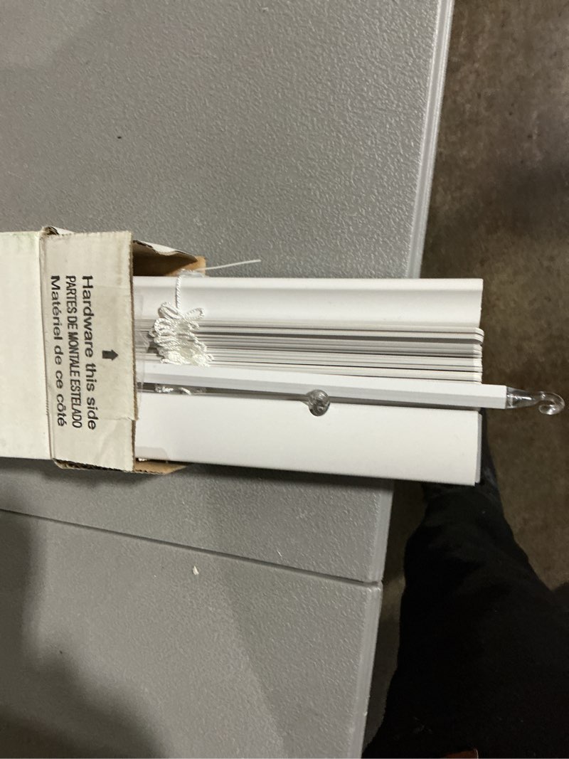Condition photo showing As Is for project source 1-in slat width 31-in x 64-in cordless white vinyl light filtering mini-blinds