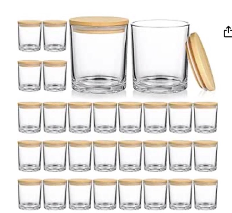 supmind 30 pack glass candle jars-10oz clear empty candle jars with bamboo lids and sticky labels, b