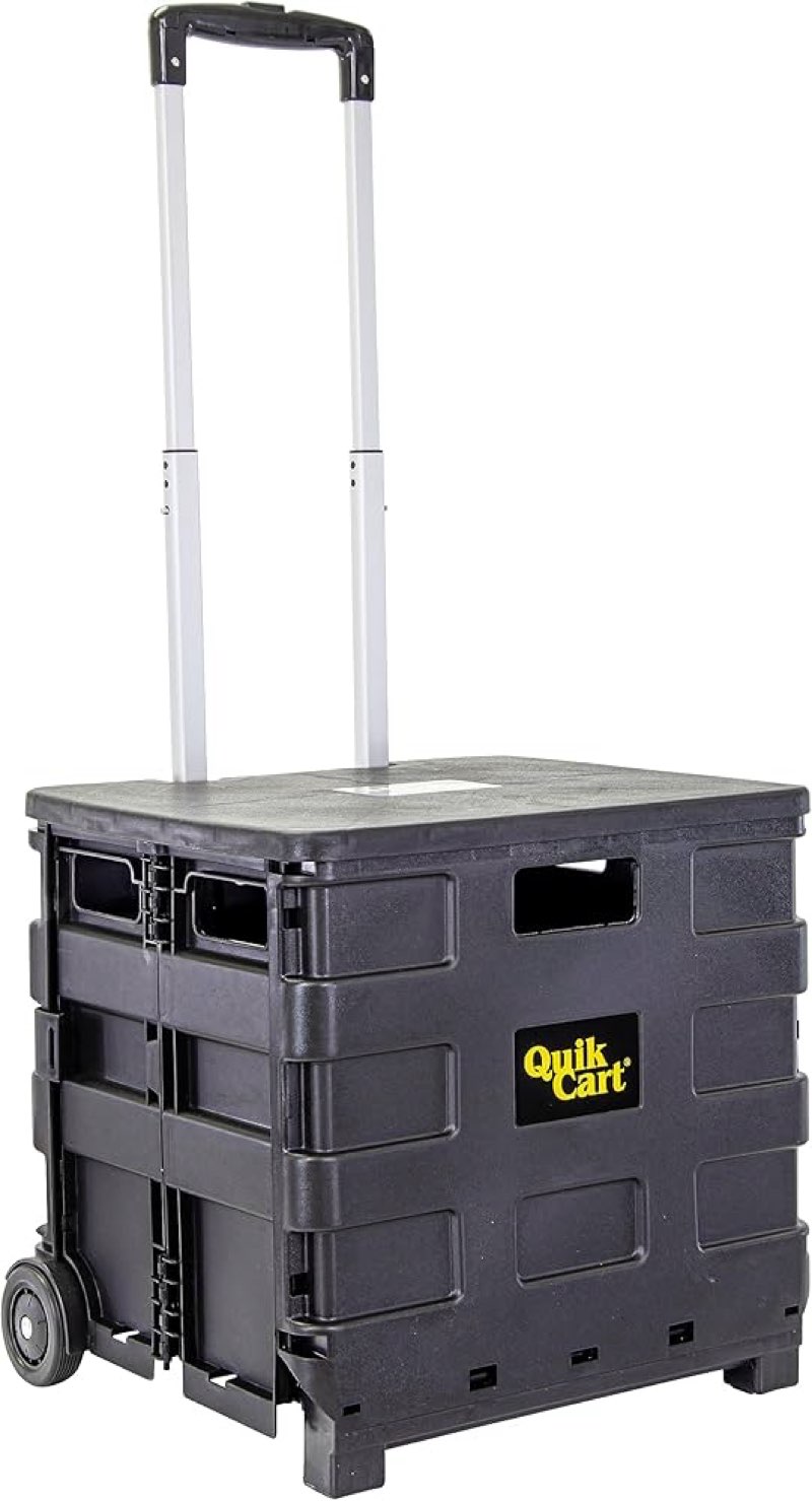 dbest products quik cart sport collapsible rolling crate on wheels for teachers tote basket 80 lbs capacity, made from heavy duty plastic, black, compact