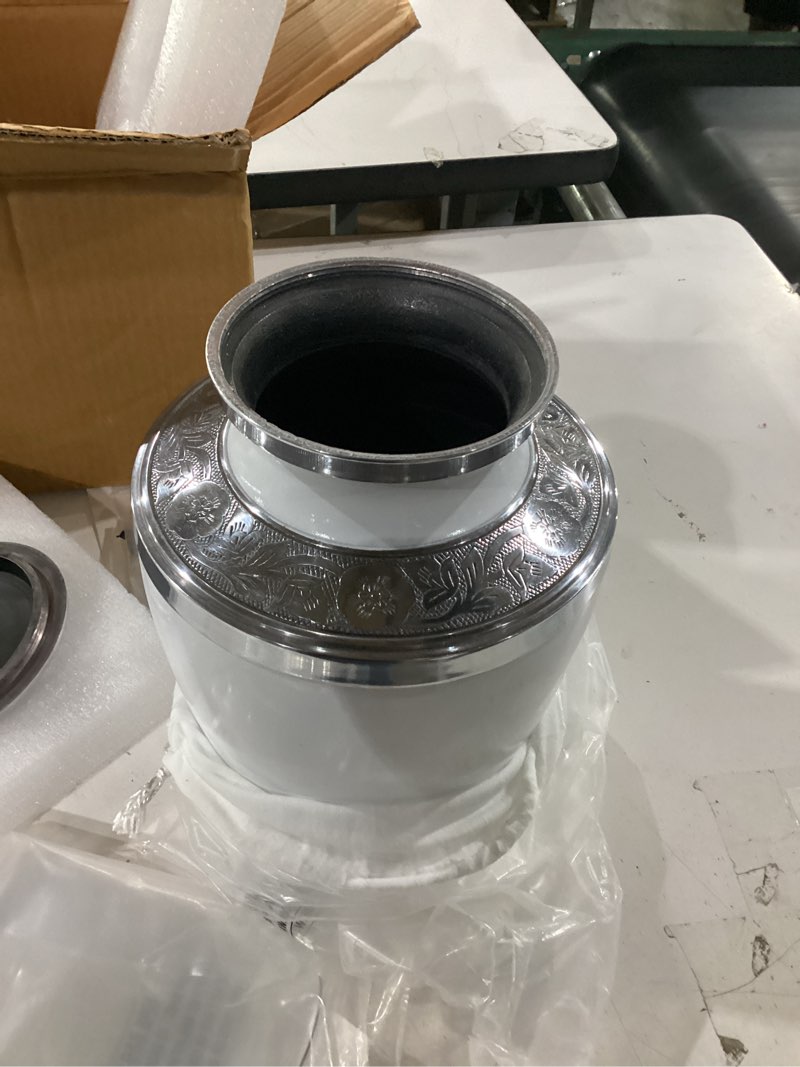 Condition photo showing Good Condition for classic white large urn for human ashes – cremation urn for adult men & women – funeral burial memorial urn for loved ones gloss white large