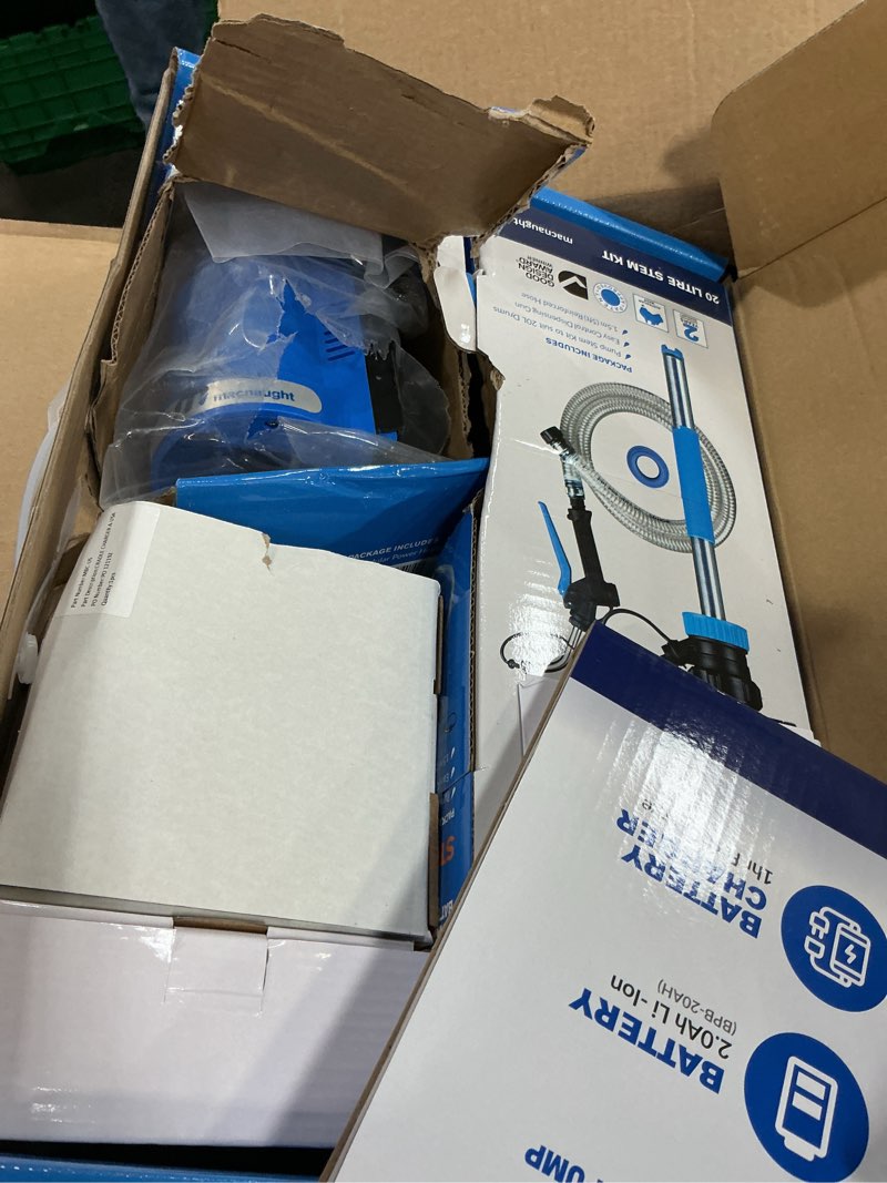 Condition photo showing As Is for macnaught bop20 battery powered 5 gallon bucket oil transfer pump kit. everything needed to pump oil, atf or coolants. 5 gallon complete starter kit