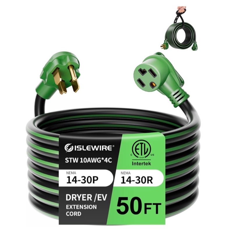 30-amp 4-prong dryer ev extension cord, 50 feet, nema 14-30p to 14-30r, 125v/250v heavy duty stw 10awg/4, use for tesla model 3/y/x/s, level 2 ev charging & dryer power extension, etl listed