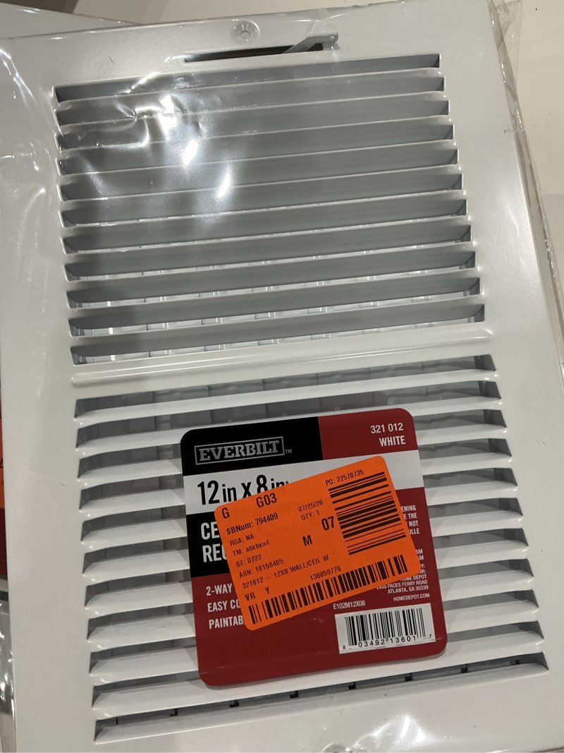 Condition photo showing Good Condition for 12 in. x 8 in. 2-way steel wall/ceiling register in white