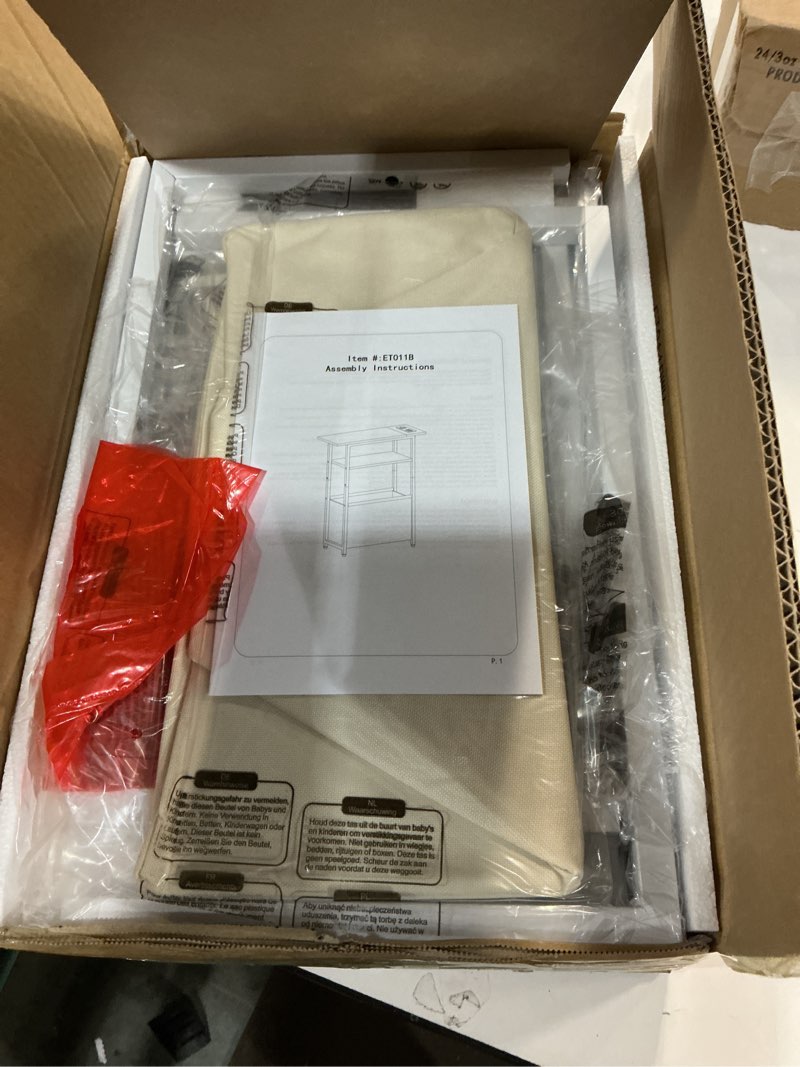 Condition photo showing item condition for Narrow Side Table with Charging Station, Small End Table for Small Spaces, Skinny Nightstands with Storage Basket, 3 Tier Sofa Couch Bedside Tables for Living Room,Bedroom, White Power Only(19.6"Dx7.9"Wx25.2"H) White 1