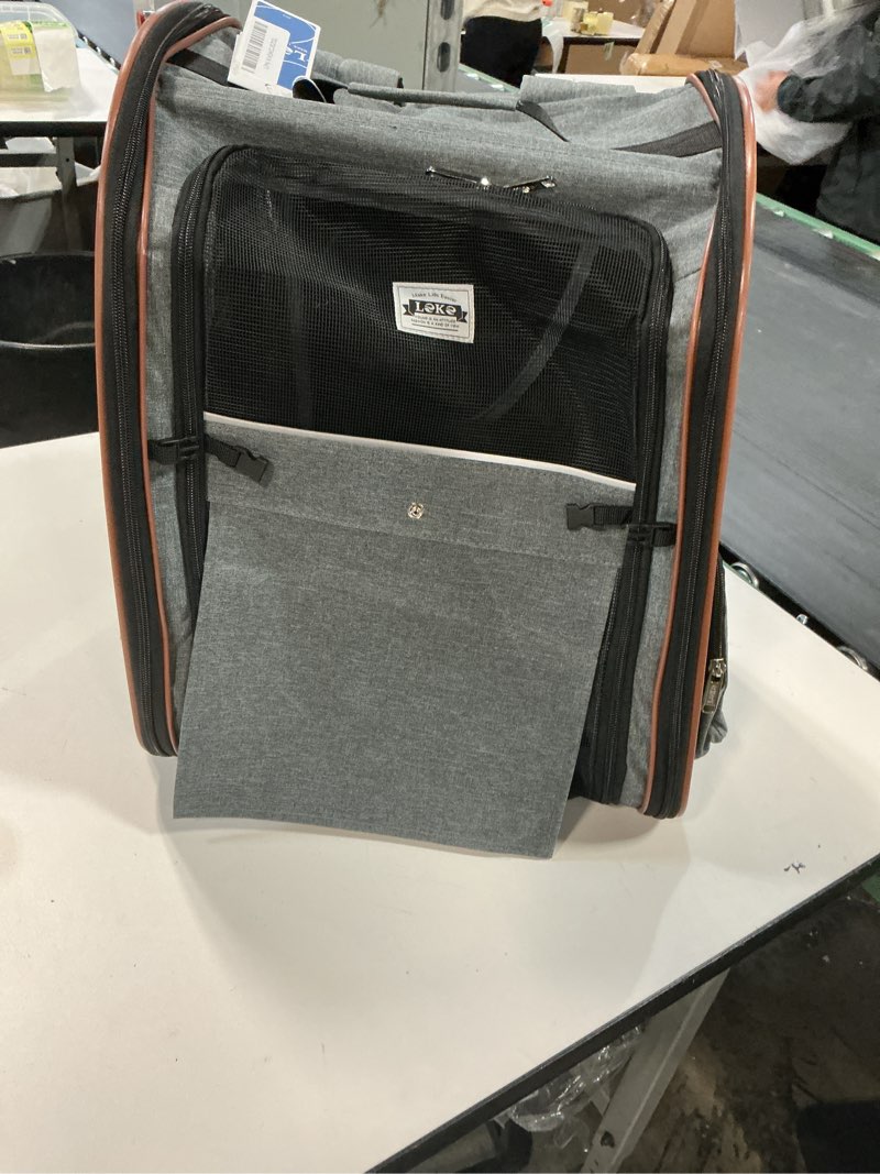 Condition photo showing As Is for LEKE - Large Cat Backpack Carrier Expandable Pet Carrier Backpack for Small Dogs Medium Cats Fit Up to 18 Lbs, Dog Backpack Carrier, Foldable Puppy Backpack Carrier for Travel, Hiking,Grey